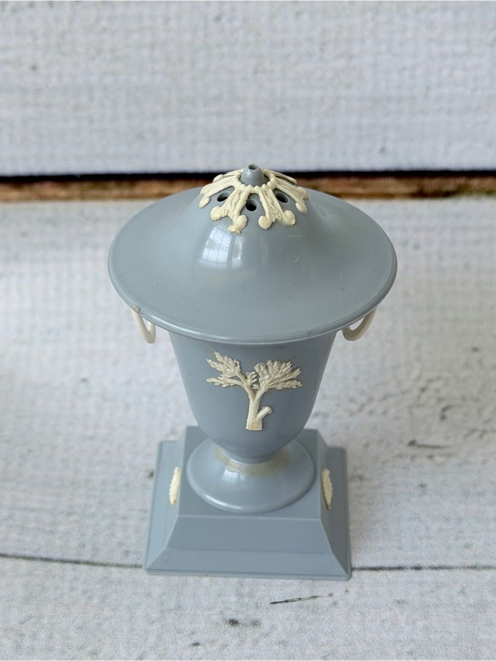 Pair of Gray Decorative Covered Urns with Cream Relief Accents - Picture 12 of 15